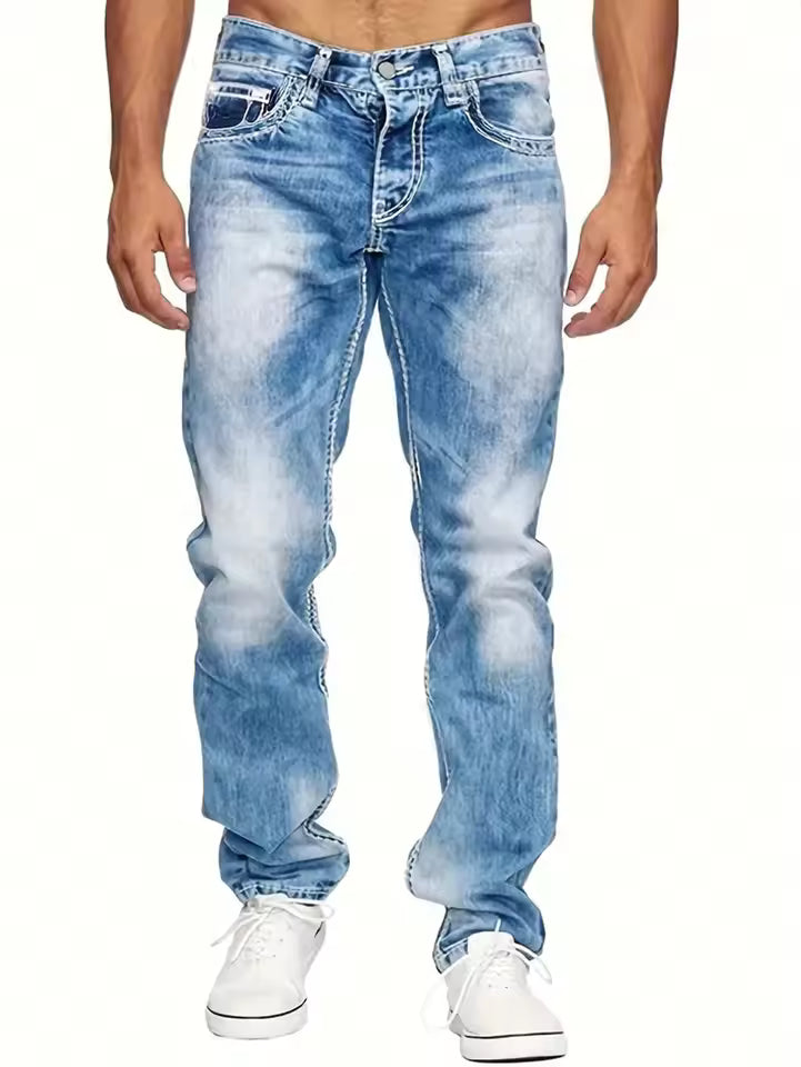 Jean Homme Coupe Droite en Denim Noir Surpiqûres Blanches Contrastantes Longueur Intégrale Amawinc