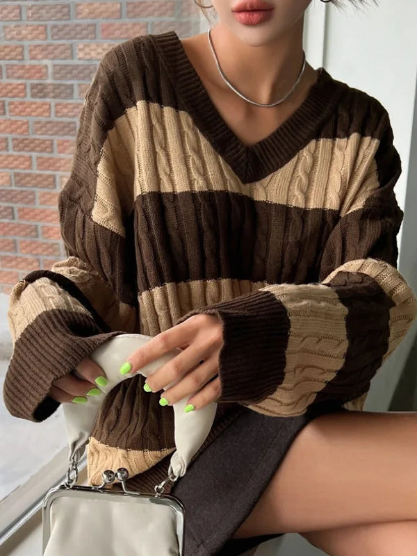Pull En Maille Câble Violet Oversize Rétro Avec Rayures Et Poignets Côtelés Épaules Tombantes