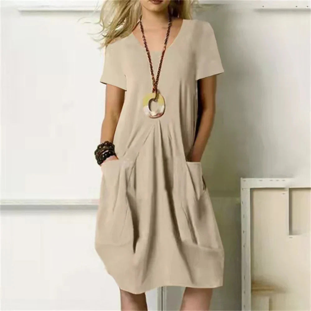 Robe D'Été Femme Sharon Confortable En Mélange Coton Lin Respirant Coupe Décontractée Genou