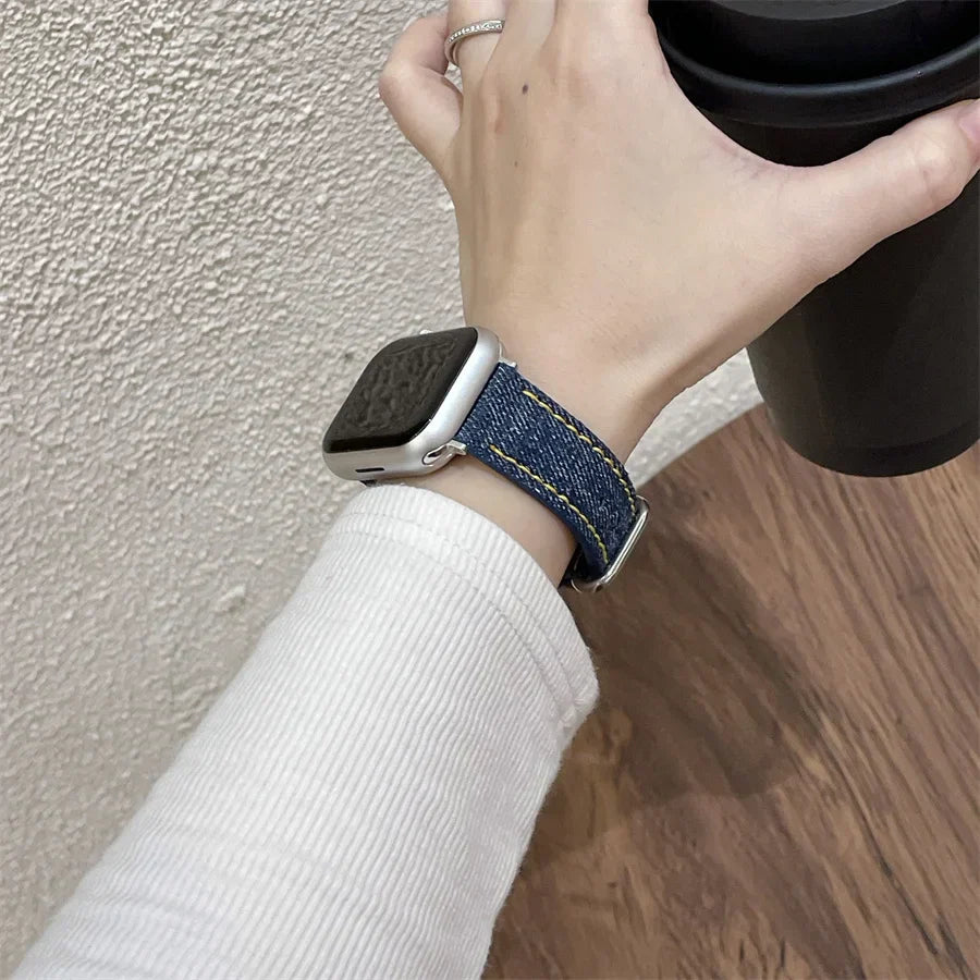 Bracelet Denim Pour Apple Watch Premium Délavé Aspect Naturel Confortable Ajustable Compatible Tous Modèles Durable