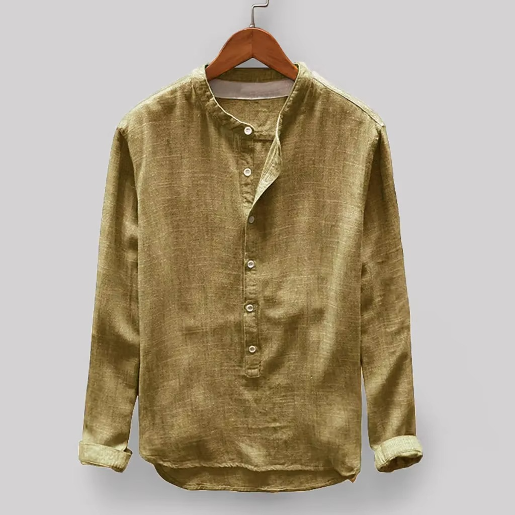 Chemise Homme Modèle 2025 Lin Coton Uni Manches Longues Style Japonais Pour Bureau Et Week End Confortable