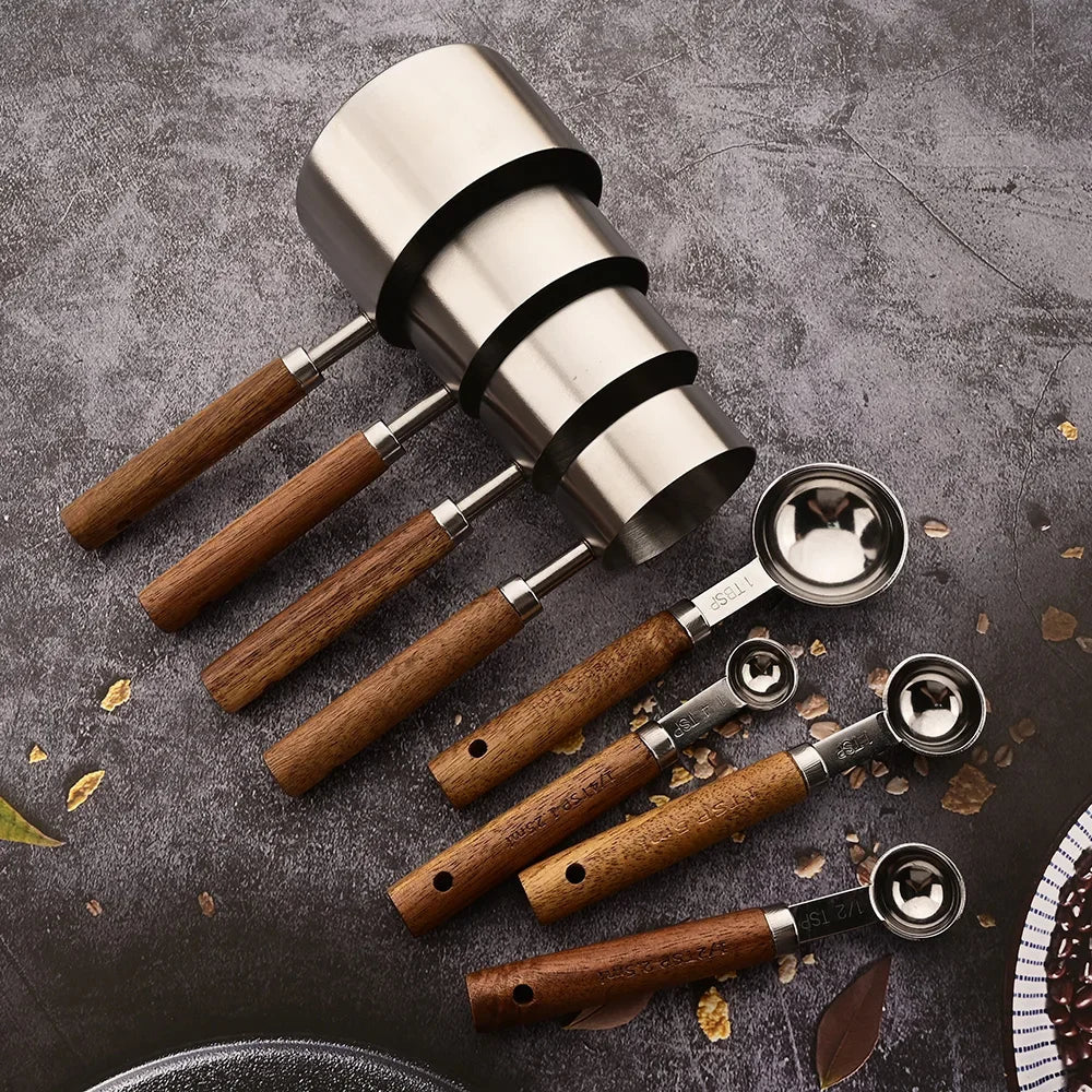 Ensemble De Tasses Mesure En Acier Inoxydable Avec Poignée En Bois Timberware Mesures Gravées Claires Rangement Empilable