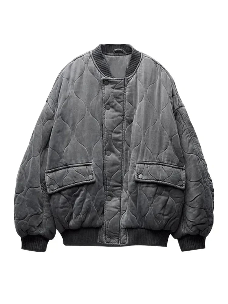 Veste Bomber Matelassée Décontractée Avec Fermeture Boutons Et Zip Col Rond Tissu Chaud