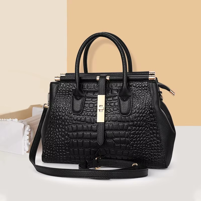 Genuine Leather Women's Crocodile Pattern Tote Bag, Large Capacity, Black - Amawinc