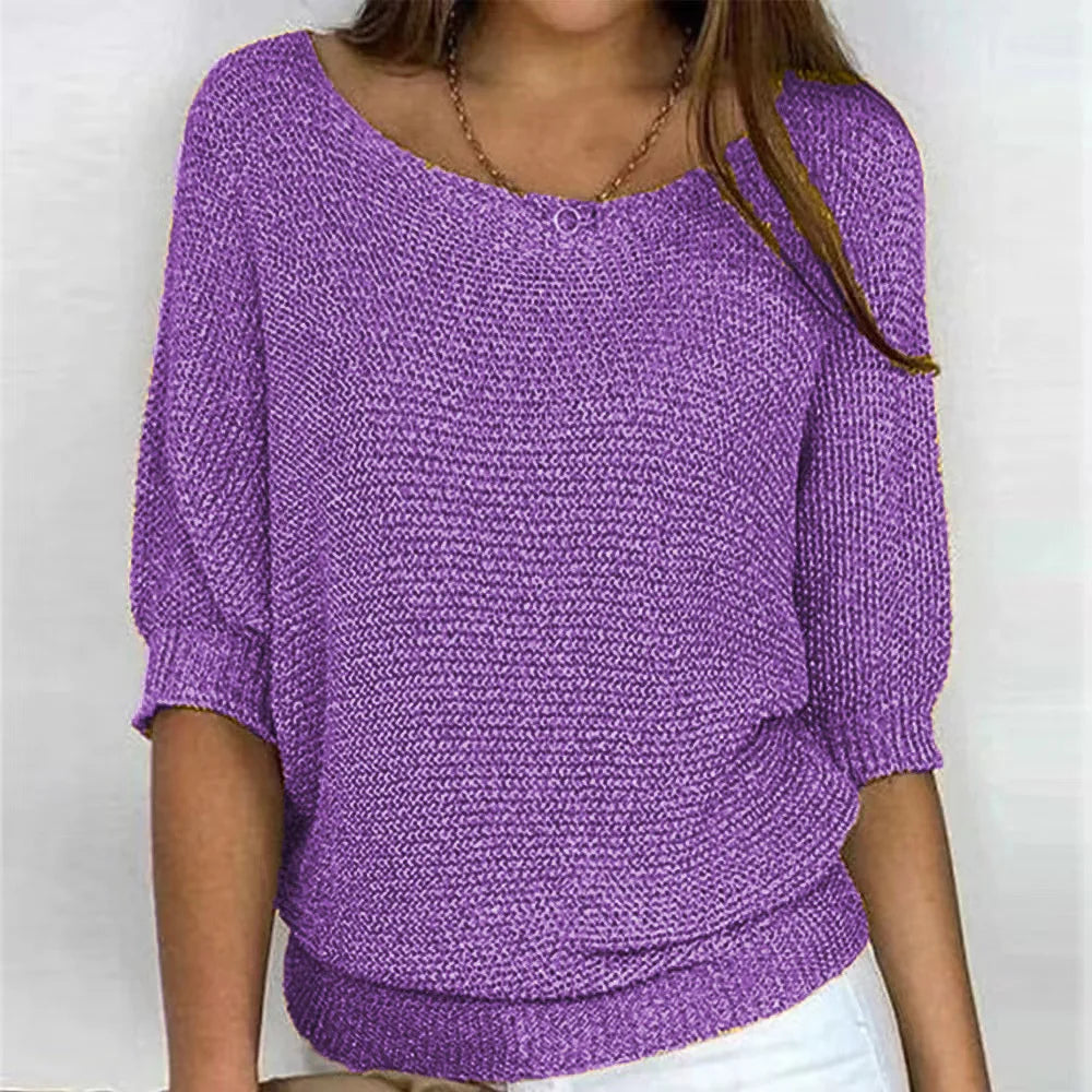 Pull Femme En Maille Décontracté Col Rond Manches Trois Quarts Doux Et Confortable Pour Tous Les Jours