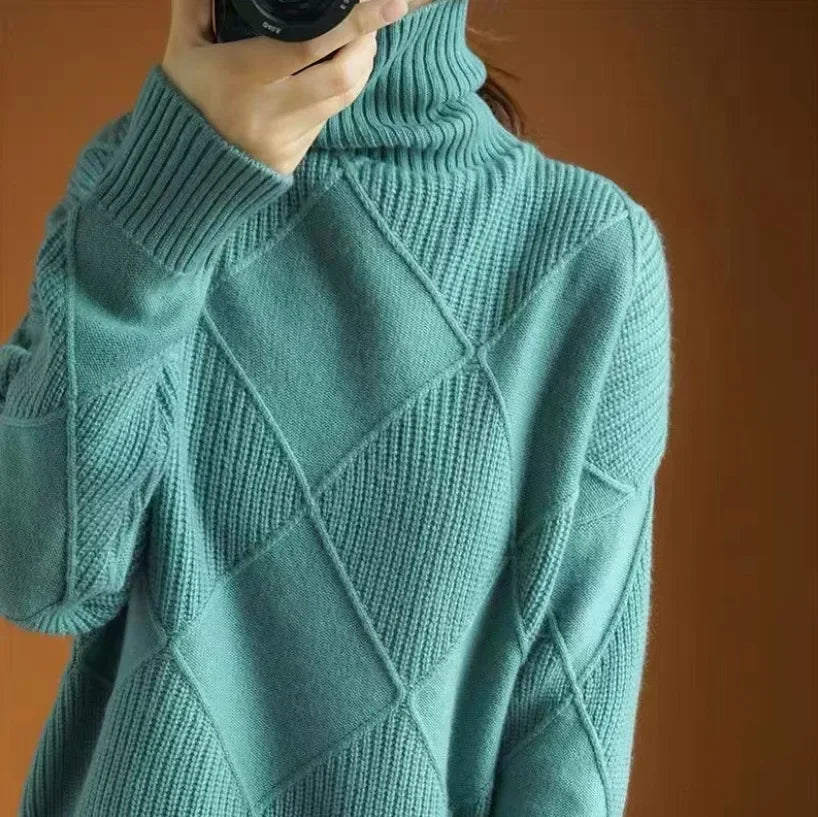 Allegra Pull En Cachemire Mélangé Motif Tricot Diamant Col Roulé Classique Coupe Ajustée Parfait Pour Superposition