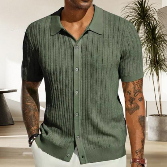 Chemise Tricot Homme Côtelée À Manches Courtes Boutonnée Amawinc Décontractée Pour Le Quotidien