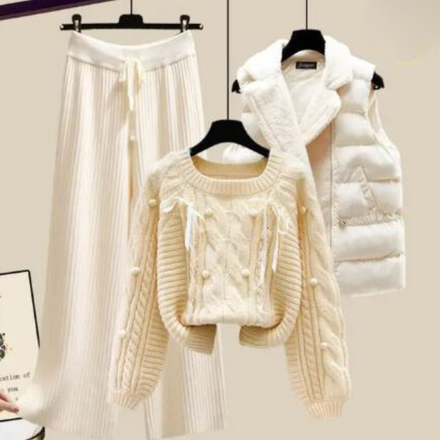 Amawinc | Dreiteiliges Damen Strickjacken Jackett, Locker Sitzender Pullover und Weite Hosenbeine