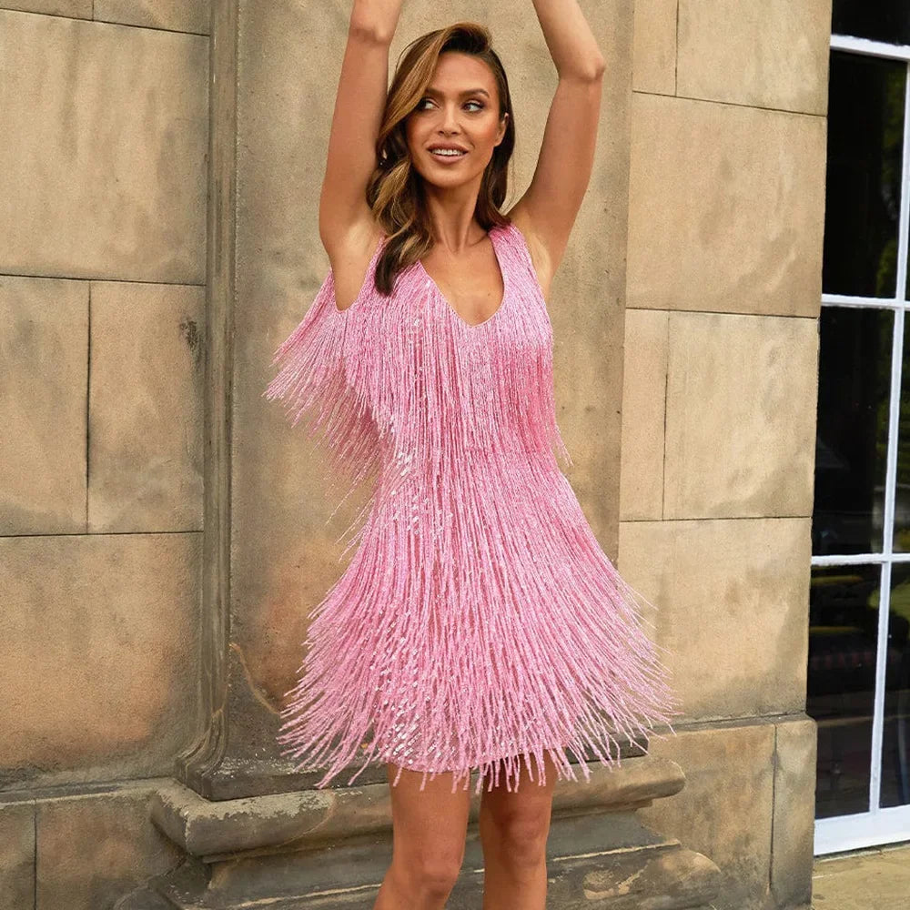 Robe Cocktail Pour Femme Kimberly Avec Franges De Plumes Conçue Par Amawinc Pour Des Occasions Glamour