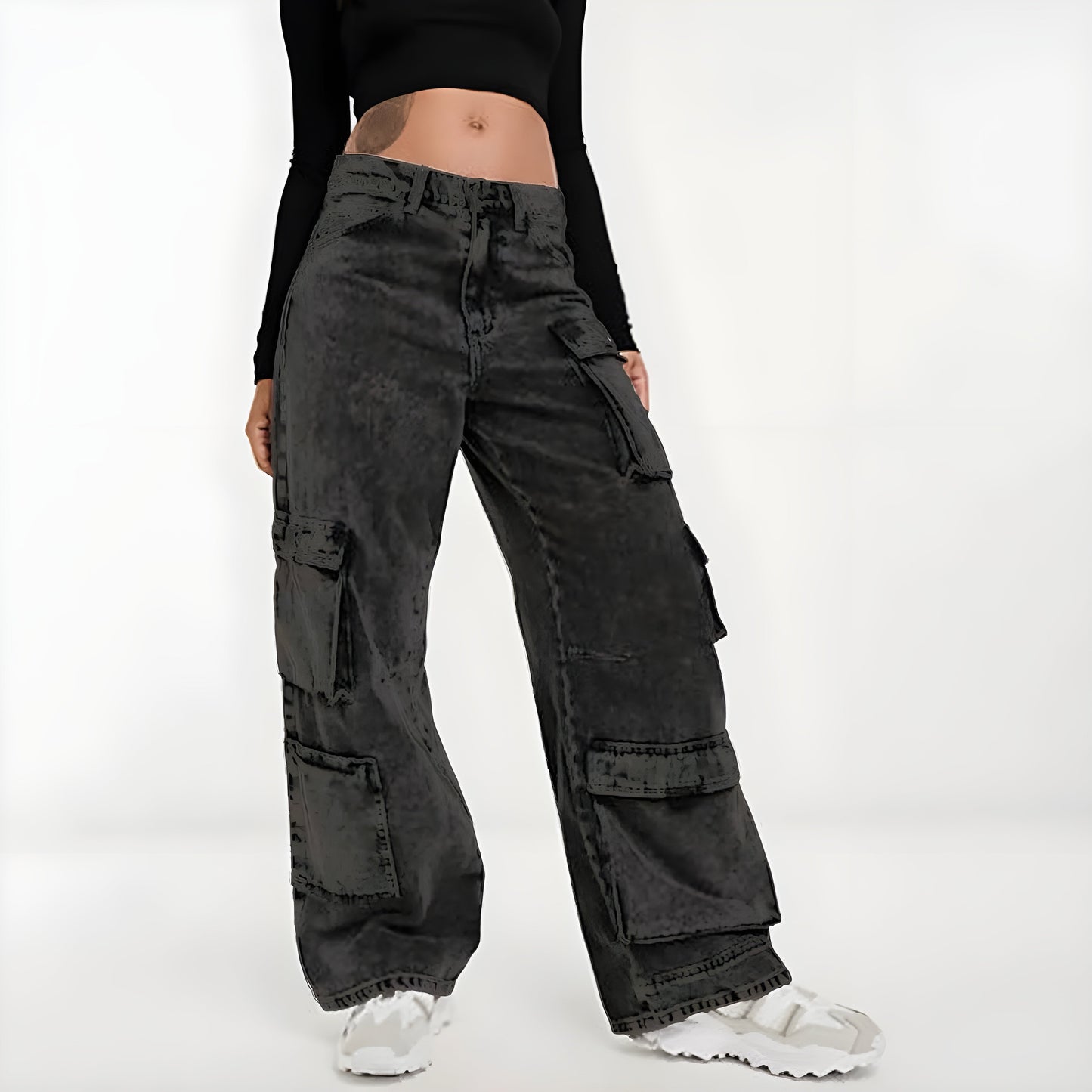 Jean Denim Lavage Acide À Taille Haute Poches Cargo Coupe Large Streetwear Décontracté