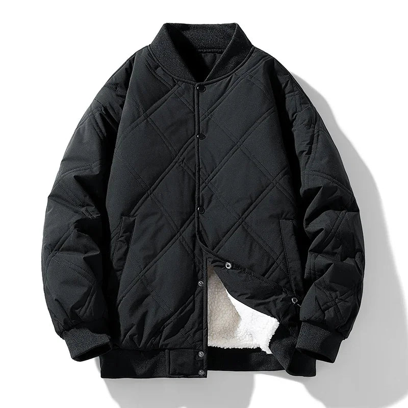 Veste Bomber Matelassée en Losanges Doublée de Polaire Chaude Pour Hiver Avec Poches Chaudes et Boutons Pression