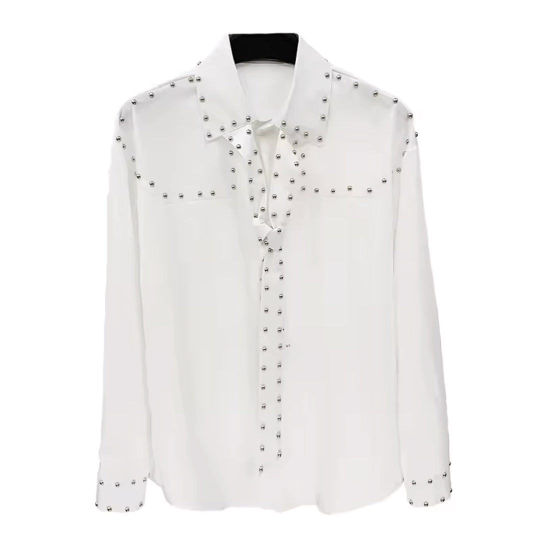 Chemise Noire À Col Boutonné Ample Avec Rivets Aux Poignets Et Devant En Polyester Coton Confortable