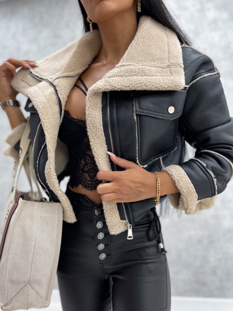 Veste Courte Femme En Faux Cuir Avec Doublure Shearling Coupe Slim Fermeture Éclair