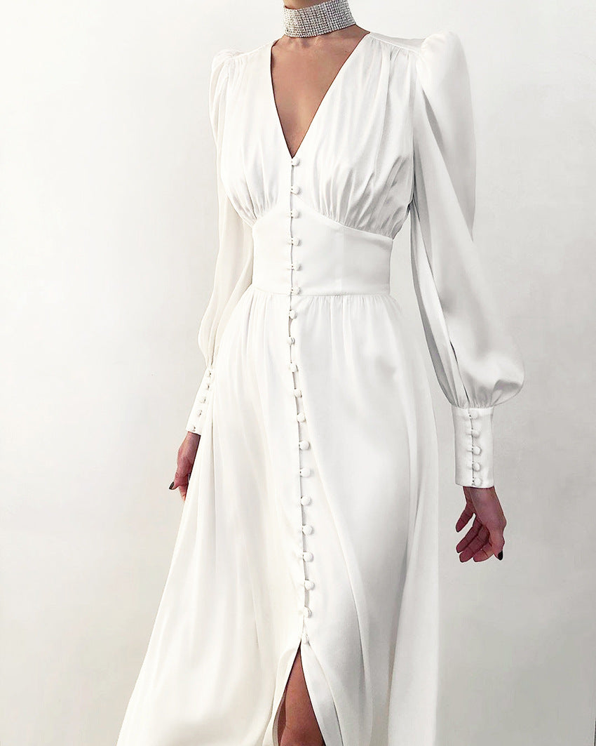 Damen-Partykleid mit V-Ausschnitt und Puffärmeln in elegantem Design