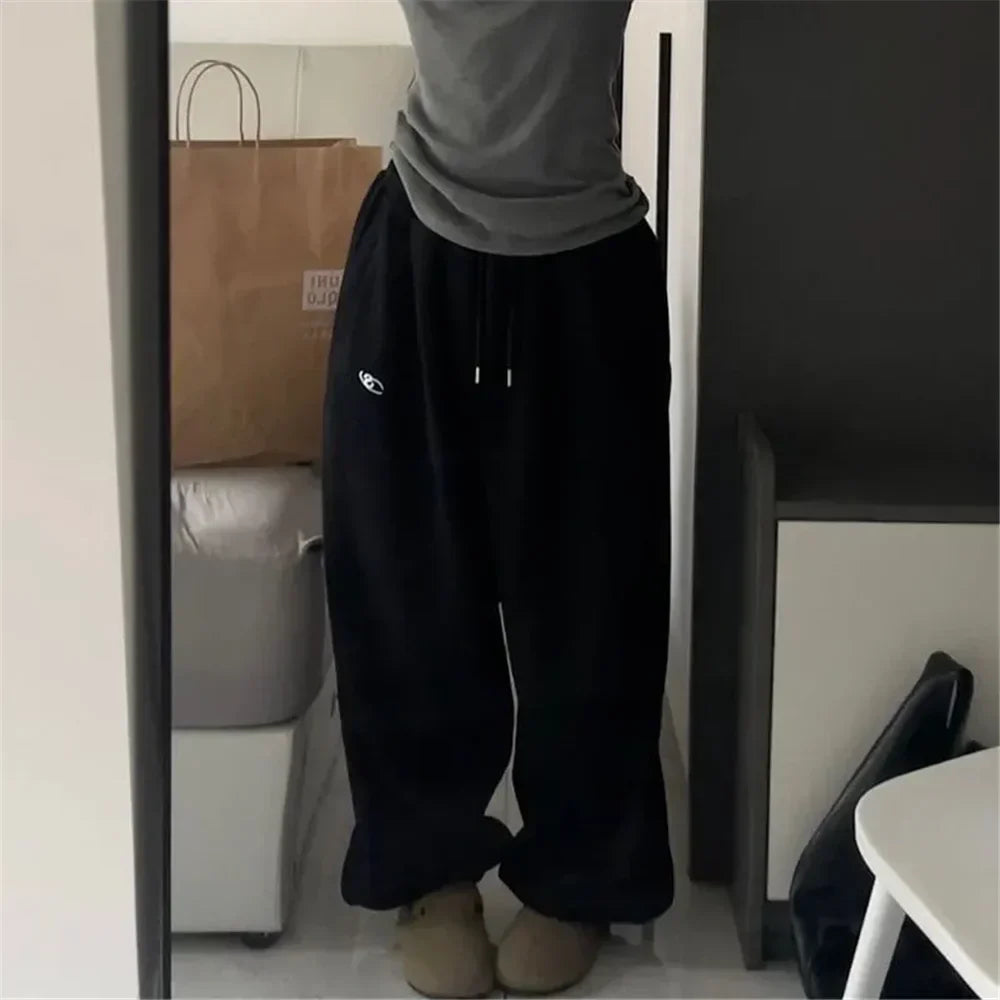 Pantalon de Survêtement Femme Oversize À Jambe Large En Coton Doux Taille Élastique Ajustable