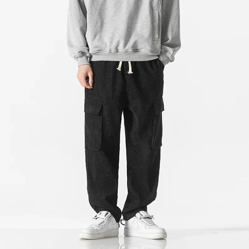 Pantalon Cargo En Velours Côté́lé Décontracté Avec Poches Cargo Surdimensionnées Et Taille À Cordon