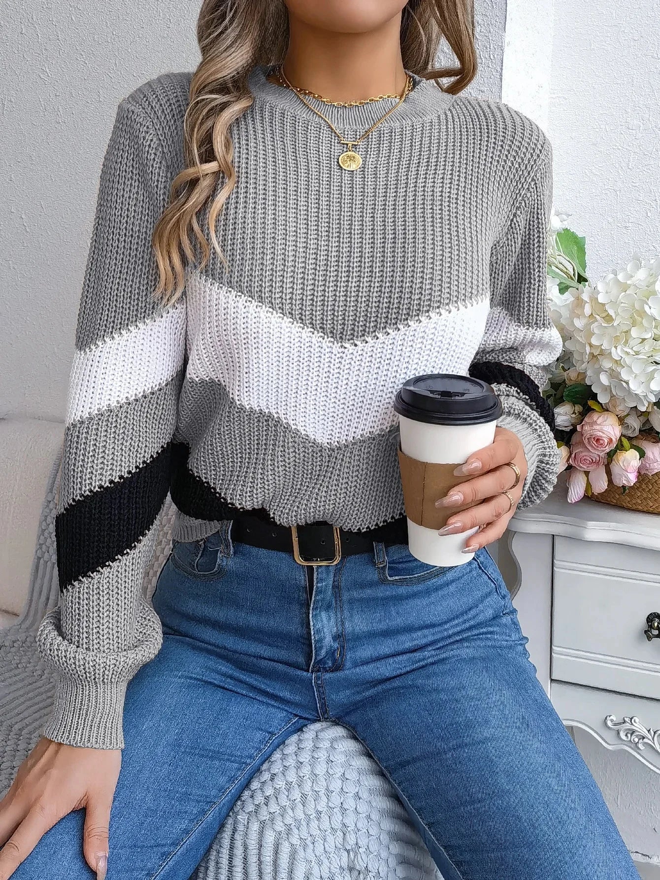Grace Col Roulé En Cachemire Pour Femme Hiver Avec Motif Chevron Audacieux Et Blocs De Couleurs