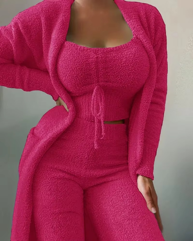 Ensemble Pyjama Peluche Luxe 2025 Pour Femmes Trois Pièces Crop Top Court Pantalon Long Manteau Confort