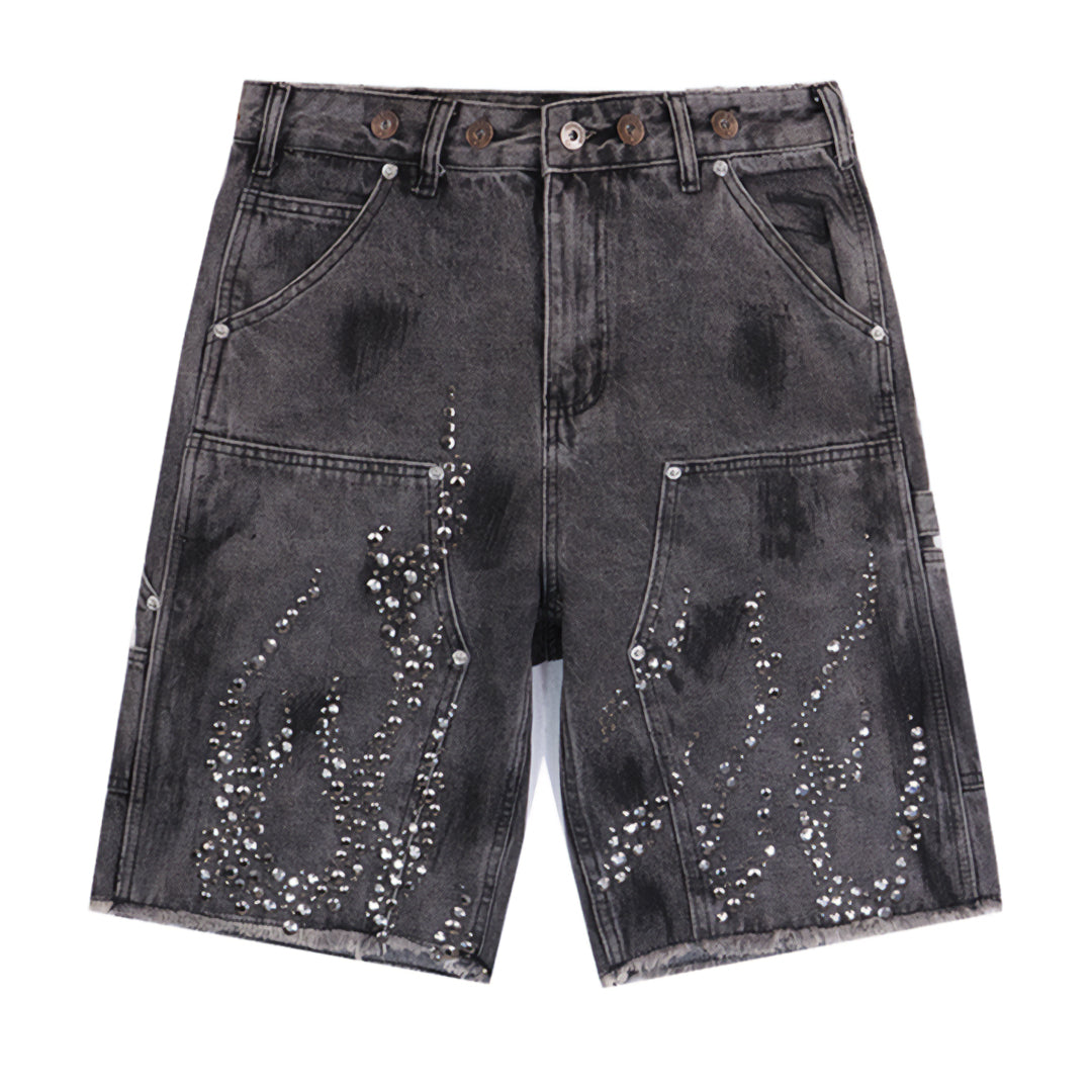 Shorts En Jean Avec Flammes En Strass Et Poches Pratiques Style Carpenter À Coupe Large
