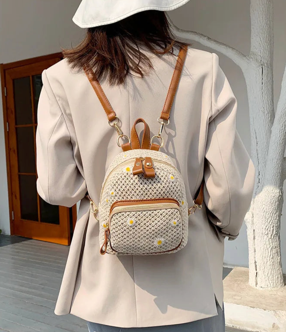 Petite Floré Sac Étudiant Brodé Paille Tressée Avec Marguerites Léger Et Compact
