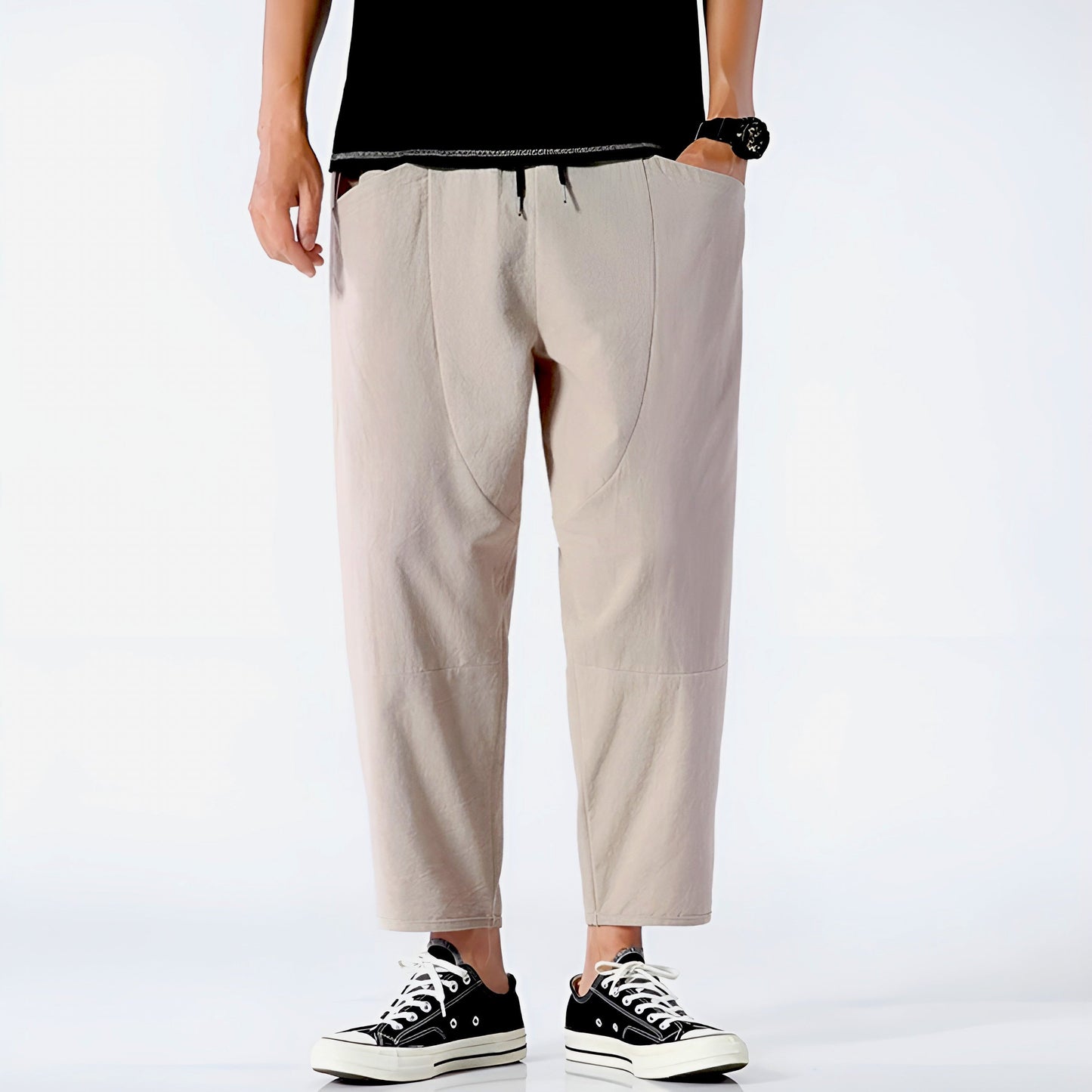 Pantalon Cropped En Coton Lin Respirant À Taille Ajustable Par Cordon Coupe Décontractée Et Moderne