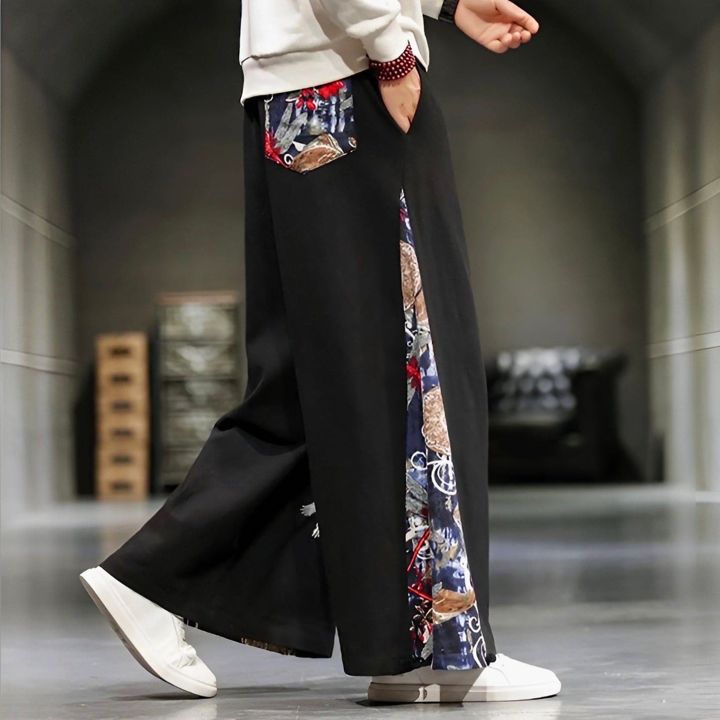 Pantalon Kaizen Brodé En Coton Lin Respirant Avec Broderie Orientale Coupe Large