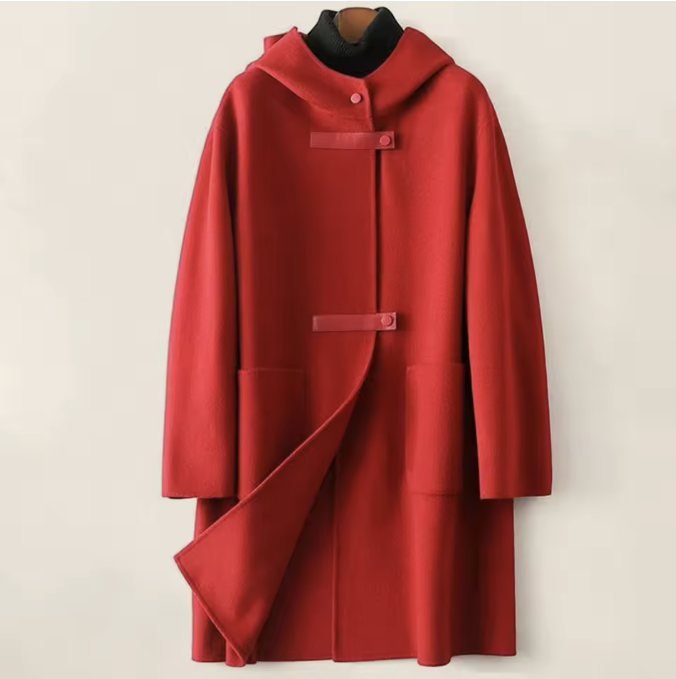Manteau Long En Laine À Capuche Celina Avec Coupe Décontractée Design Double Face Poches Spacieuses