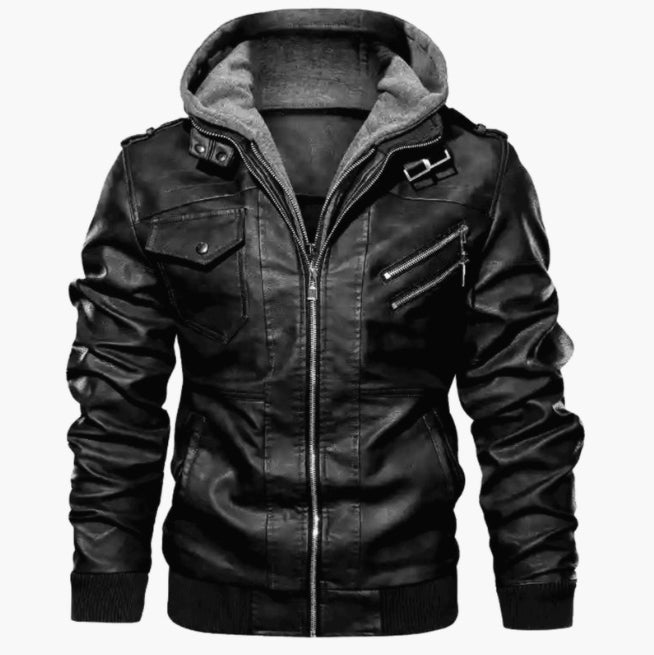 Veste Homme Amawinc Cuir Synthétique PU Slim Fit Capuche Amovible Zip Epaulettes Moto Bord Cotele