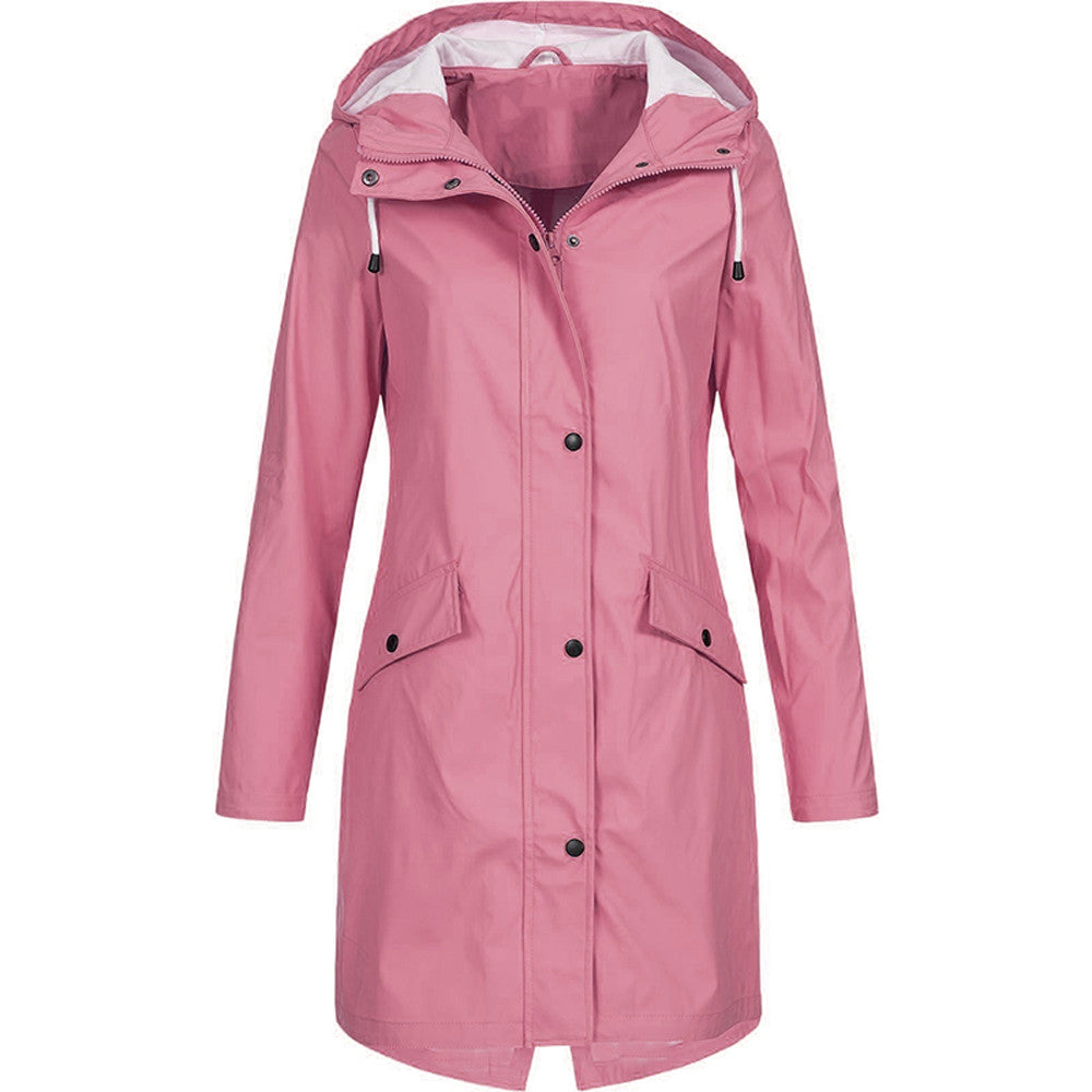 Imperméable Femme Résistant À L Eau Capuche Décontracté Longueur Mi Cuisses Zip Avant