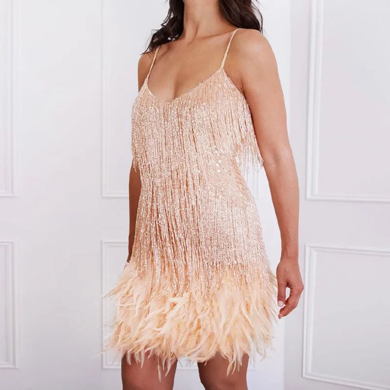 Lily Robe de Cocktail Pour Femme Or Champagne Avec Franges En Plumes et Paillettes Éclatantes