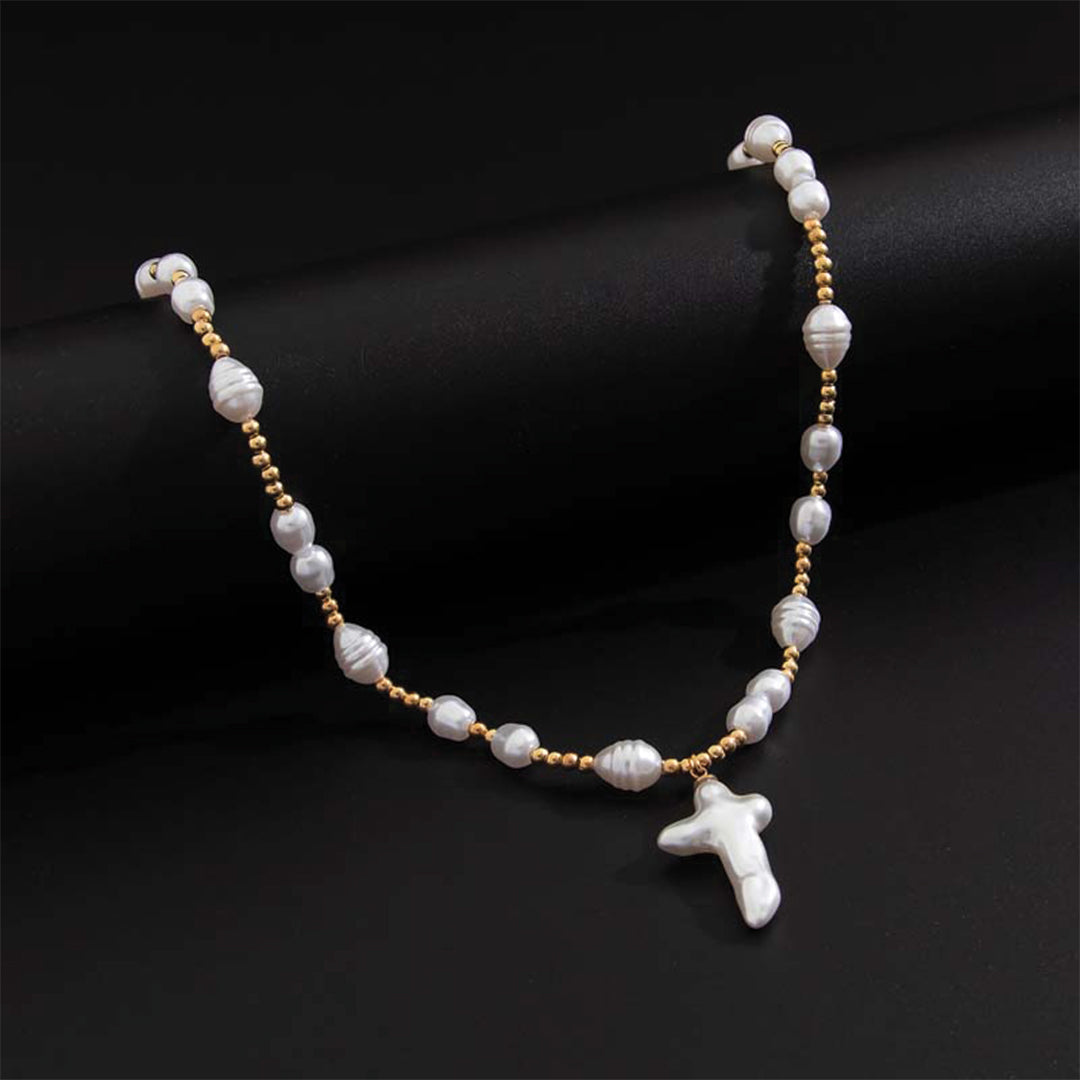 Collier Choker Croix Avec Perles Simulées Et Perles Artistiques Or Et Argent Longueur Courte