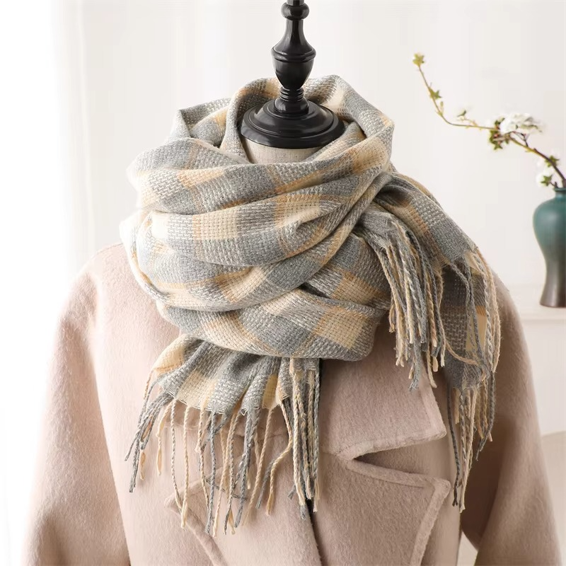 Écharpe Plaid Cachemire Pour Femme Hiver Chaude Foulard Pashmina Avec Franges