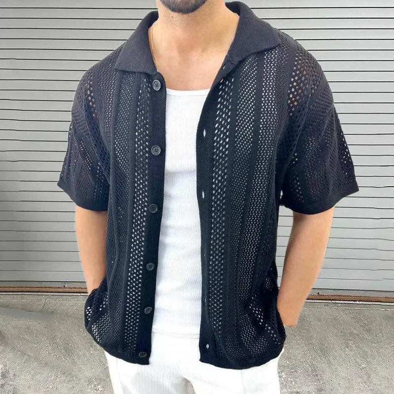 Hampton Chemise Tricotée Ajourée Vintage Respirante En Mélange De Coton Avec Fermeture Par Boutons Avant