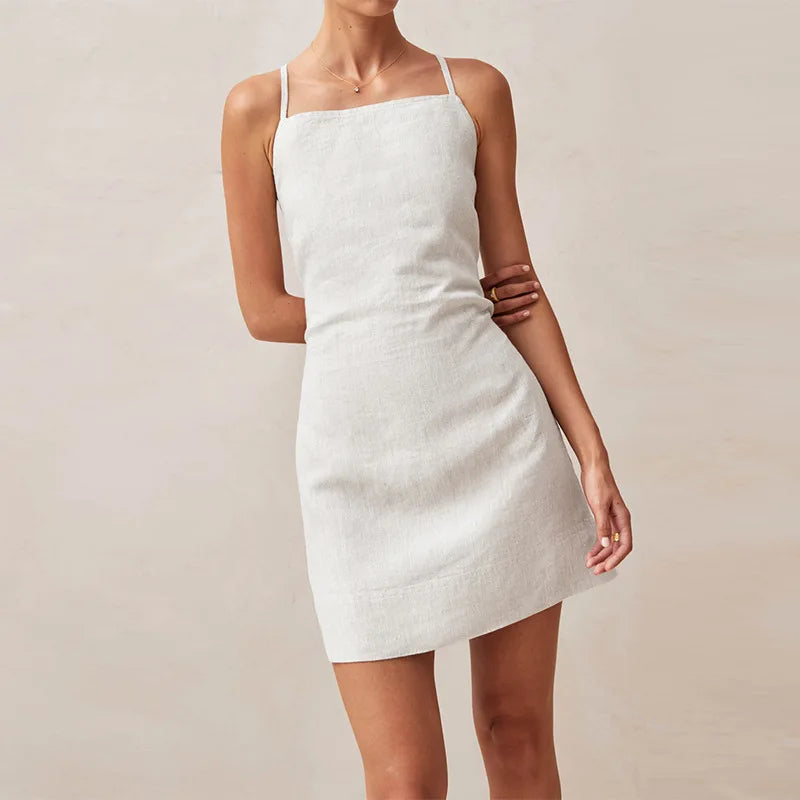 Robe Alexa À Dos Nu Plongeant En Lin Mélangé Amawinc Col Montant Et Ajustable Pour Été Léger