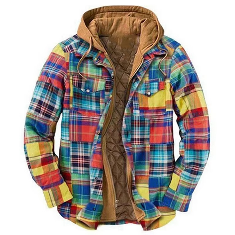 Amawinc Veste À Capuche En Coton Patchwork Carreaux Pour Homme Chaude Design Drapeau Américain Tailles S À 5XL