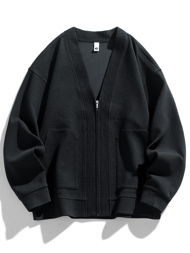 Cardigan Zippé Oversize En Mélange Coton Texturé, Silhouette Décontractée Et Drapée, Fermeture Éclair Moderne