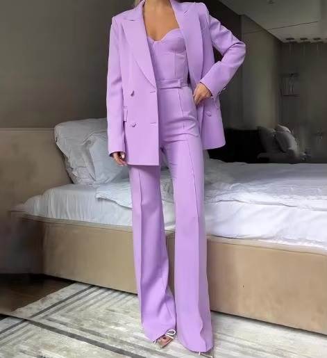 Ensemble Tailleur Trois Pièces Femme Automne Blazer Corset Pantalon Camisole Élégant Tenue De Travail