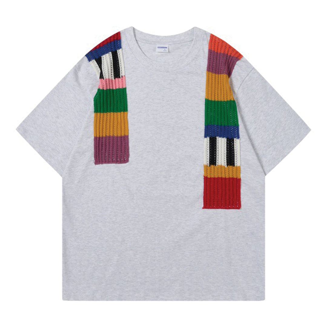T Shirt Tricot En Coton Avec Panneaux Colorés Tricotés Sur Base Noire Coupe Ample