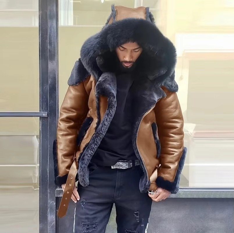 Veste Homme En Cuir Pour L Hiver Avec Col Fourrure Et Doublure En Laine Chaude Durable