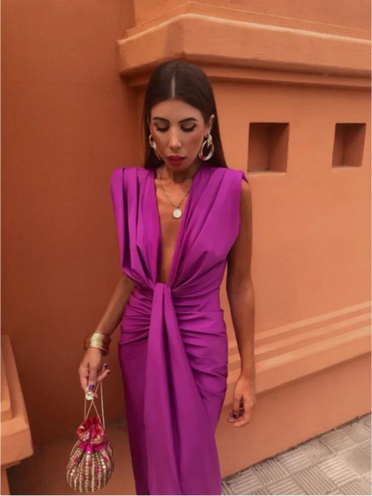 Robe De Soirée Pour Femme Élégante Avec Nœud Twist Col En V Et Fente Festive Élégante Satinée