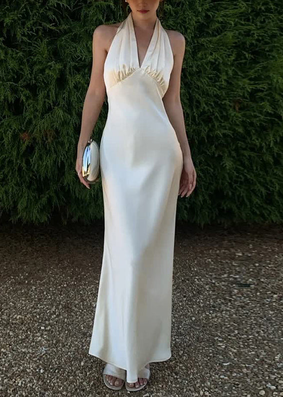 Robe longue sexy en soie à col en V et dos nu, sans manches - Amawinc