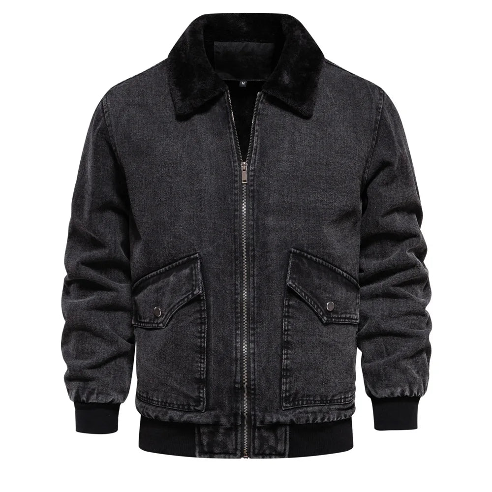 Veste Aviateur En Denim Vintage Avec Doublure Sherpa Jusqu’au Col, Coupe Slim, Ourlets Côtés Fermeture Éclair