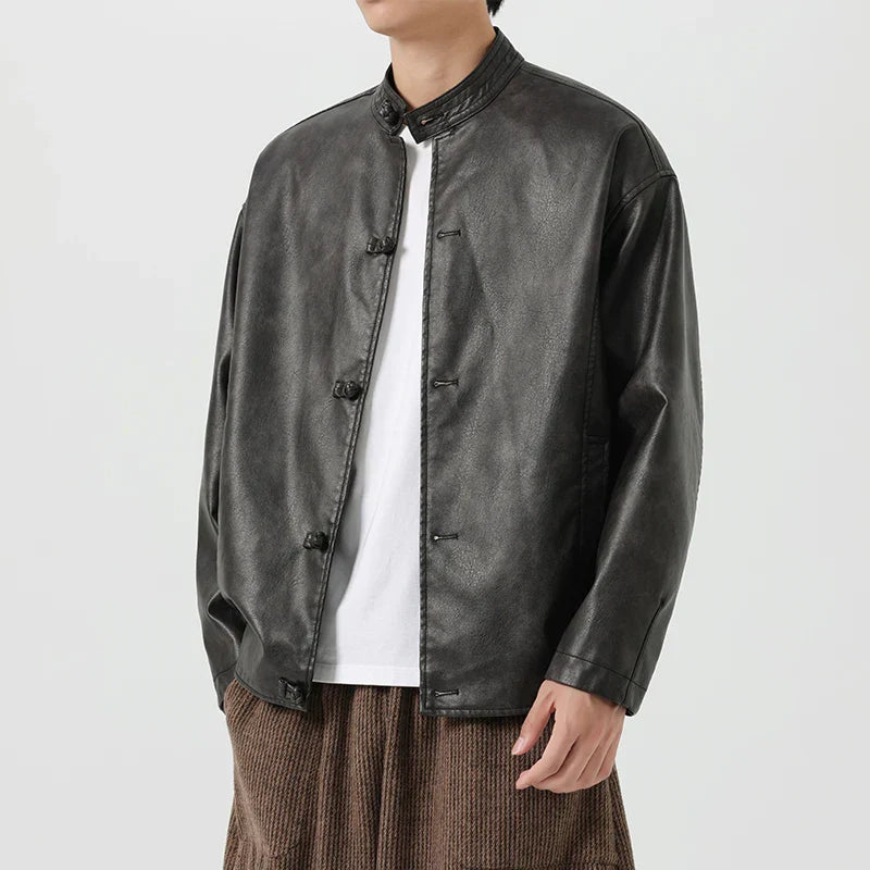 Amawinc Revel Manteau En Cuir Vintage Lavé Pour Homme Avec Col Mandarin Et Boutons À Pression