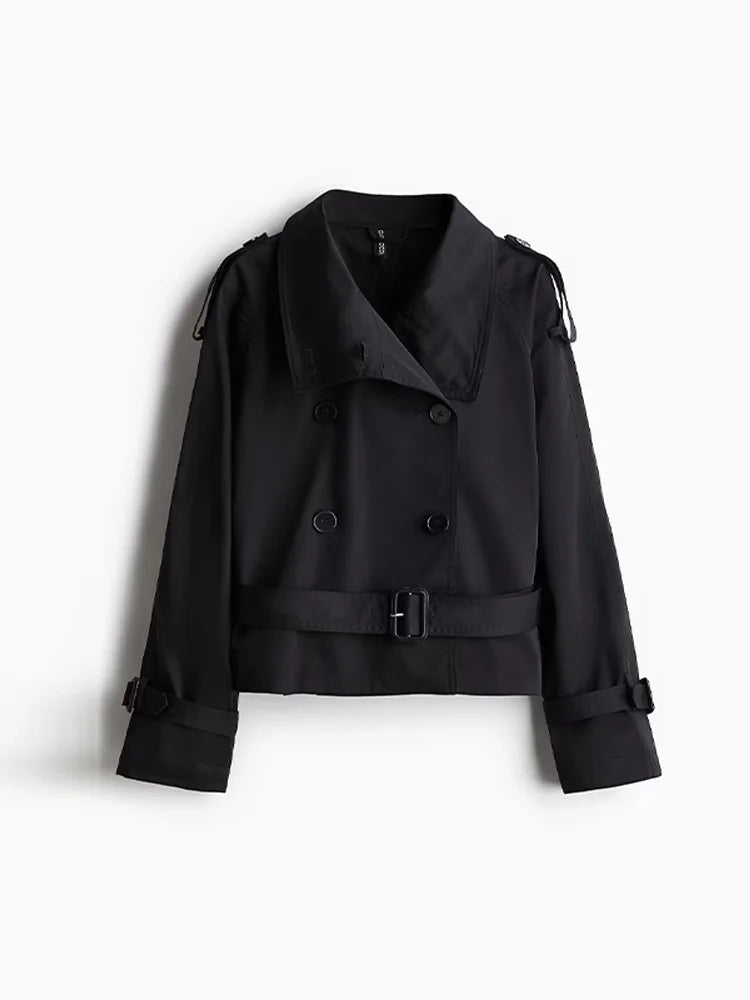 Manteau Femme En Laine Mélangée À Double Boutonnage Coupe Ajustée Taille Ceinturée Col Montant