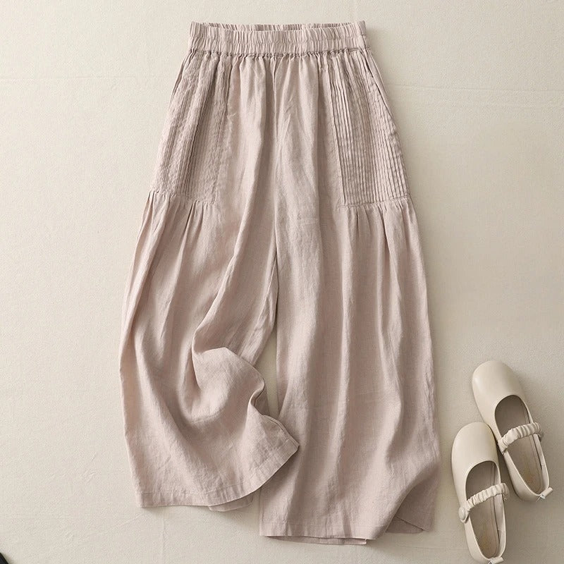 Pantalon Sharon en Lin Léger Artisanal Avec Pinces à la Taille et Coupe Courte Décontractée