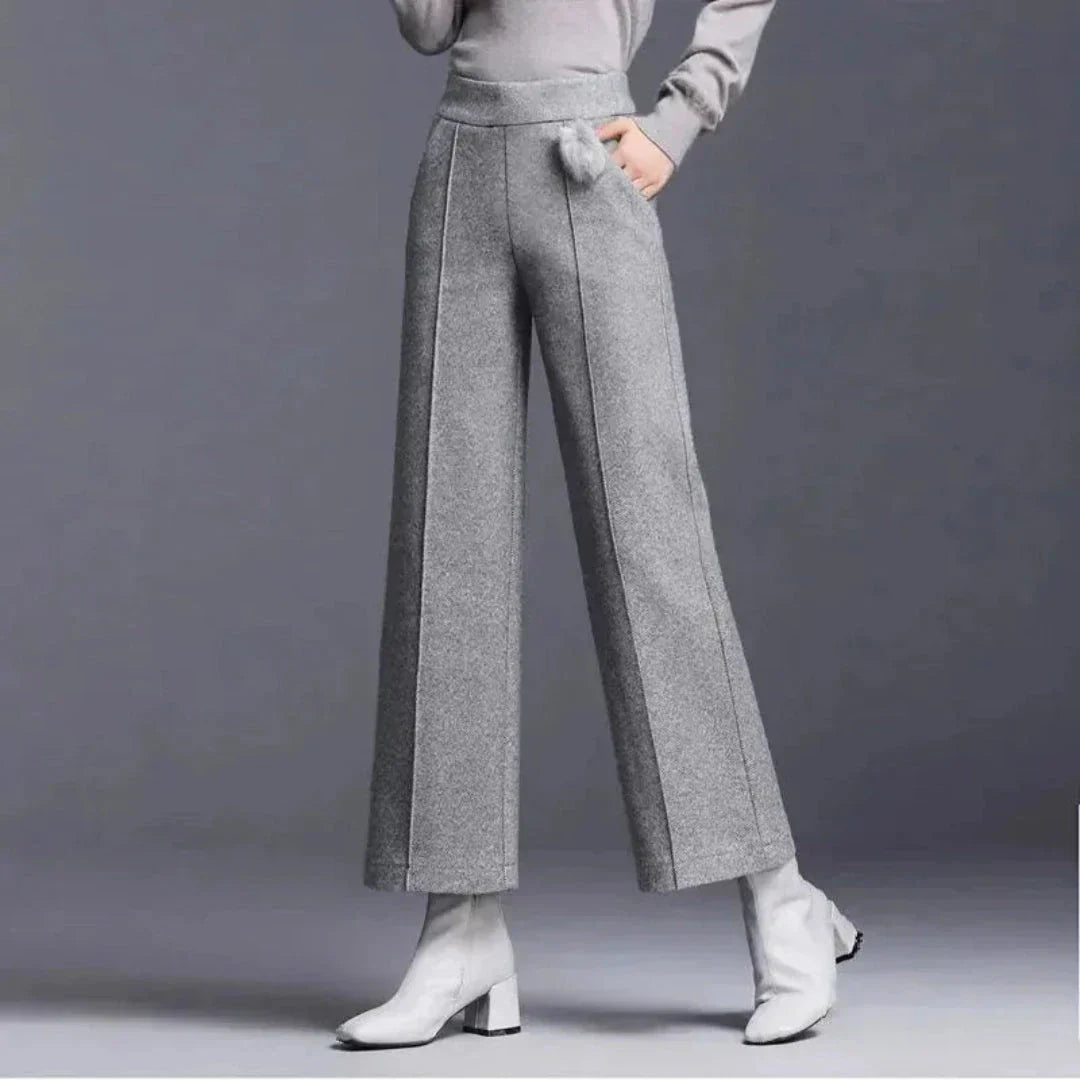 Pantalon Femme À Taille Haute En Laine Mélangée À Jambe Large Avec Plis Structurés Pour L'Hiver