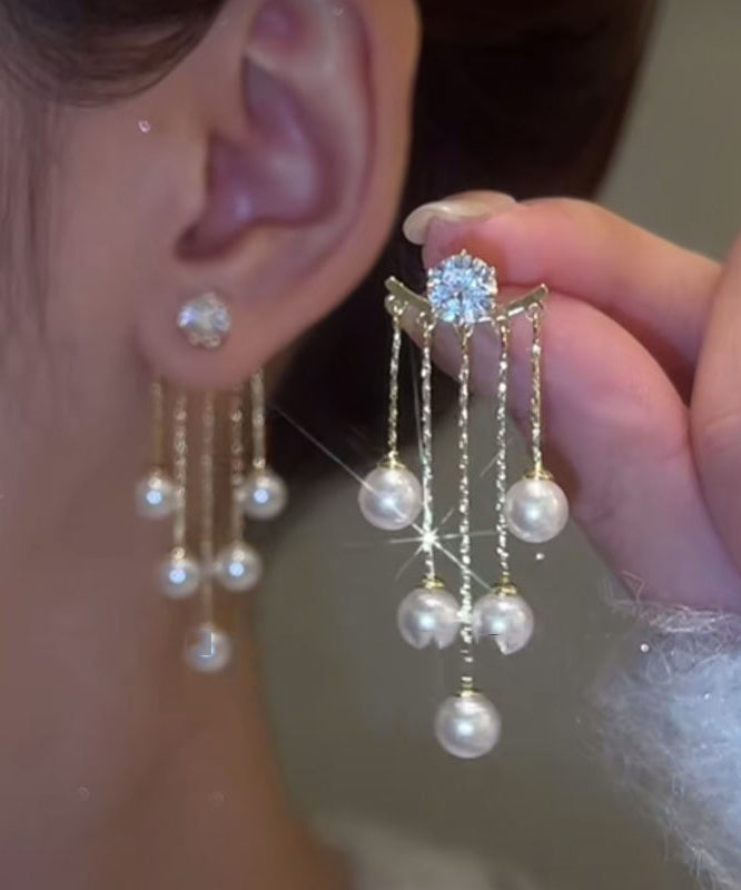 Boucles d'oreilles pendantes fines en alliage blanc avec perles de zircon - Amawinc