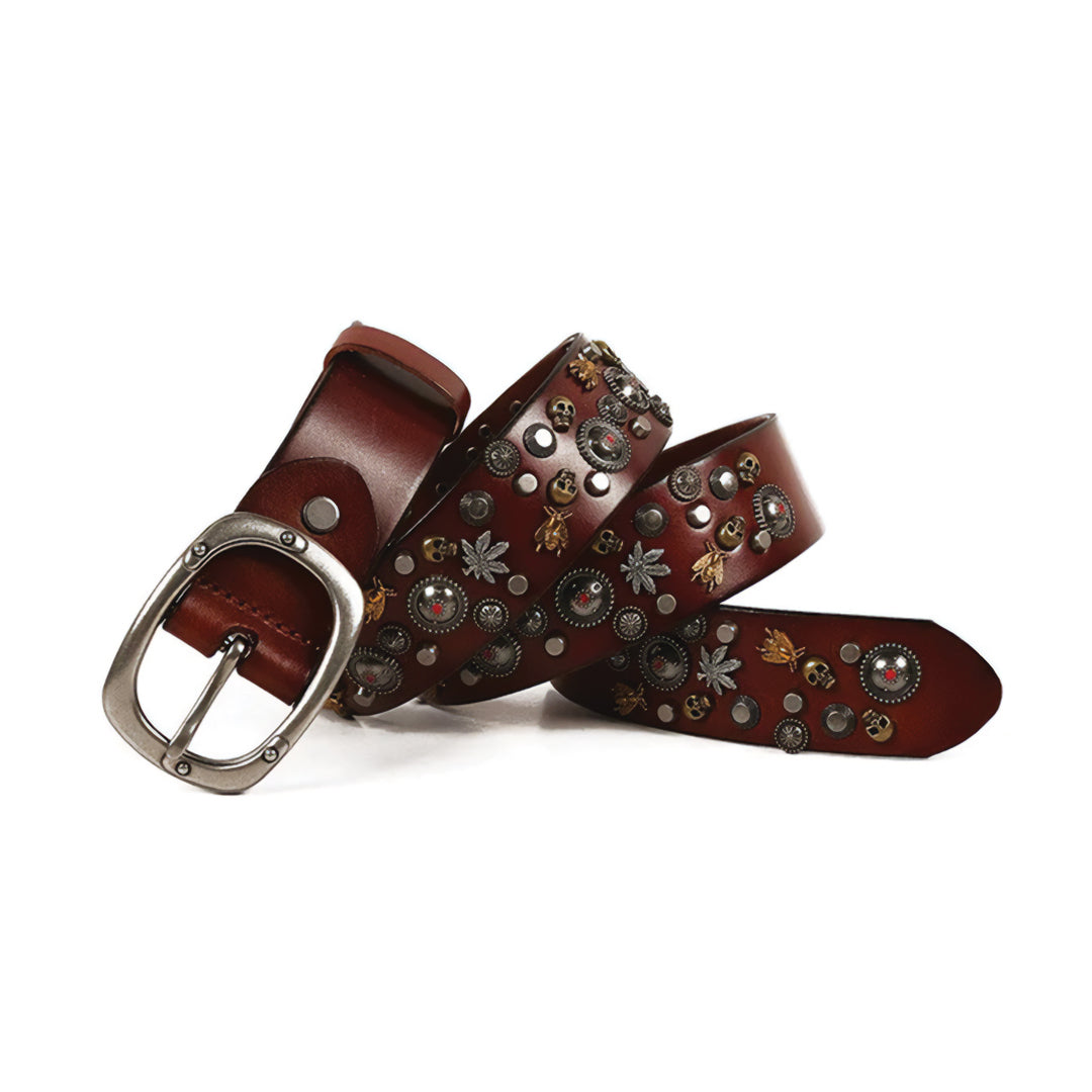 Ceinture Cuir Véritable Crâne Rivetée Punk Avec Boucle En Alliage D'Acier Pour Homme Femme Style Rebelle Durable