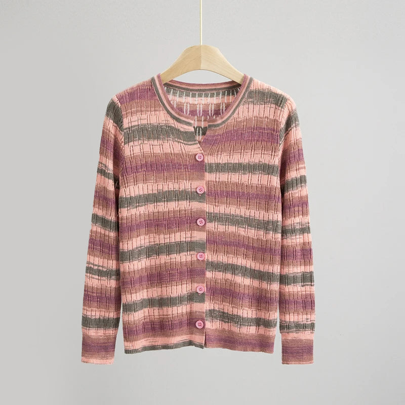 Sofia Amoretti Arcobaleno Cardigan en Maille Léger avec Rayures Multicolores Élégant Chic