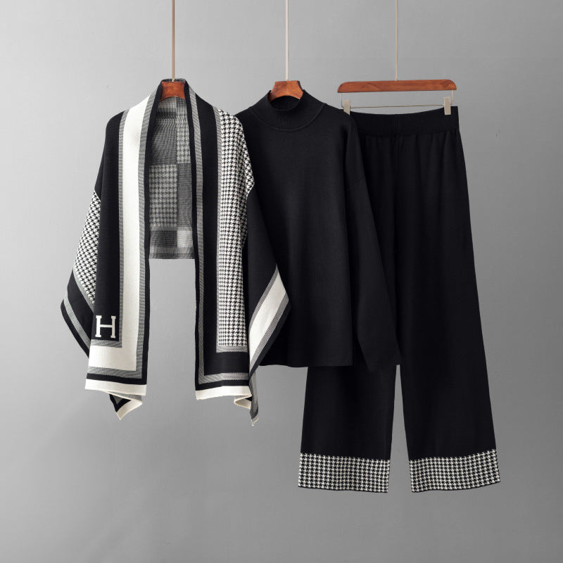 Ensemble Trois Pièces Sofia Amoretti Leone Col Roulé Décontracté Pantalon Large Cardigan Ouvert